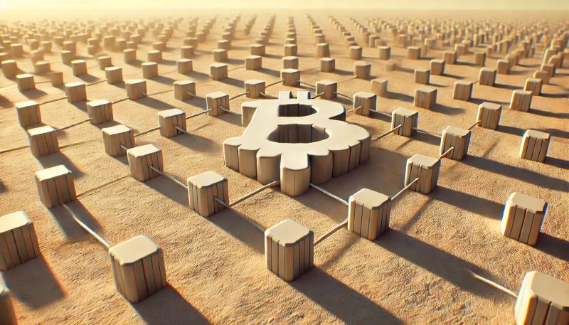 Simple layer-1 blocks connected by lines forming the shape of a bitcoin token in a desert setting